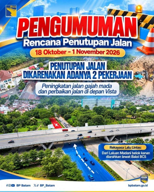 Jalan Gajah Mada Batam Diperbaiki Mulai 18 Oktober, Arus ke Tiban Dialihkan